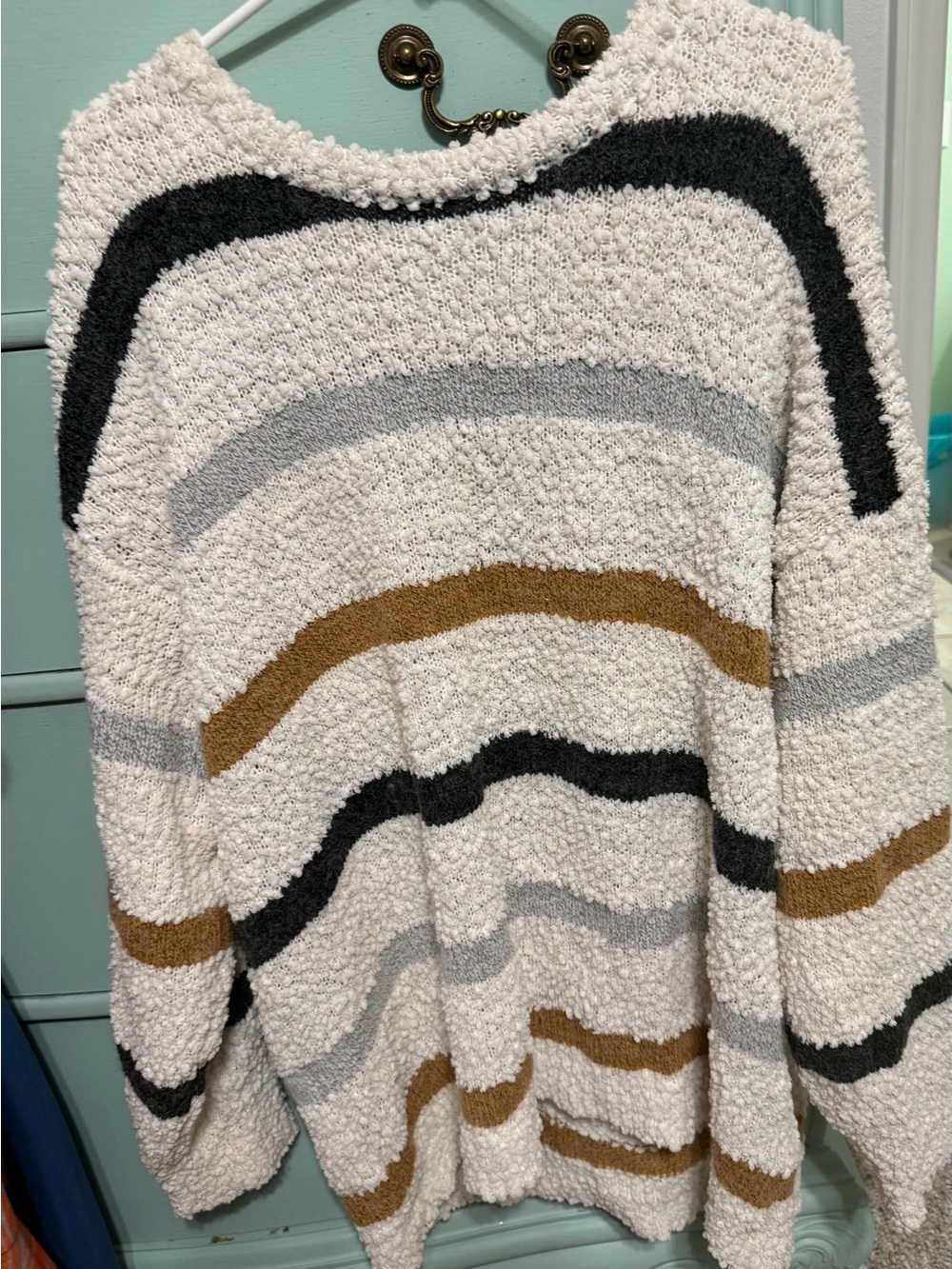Striped Plush Scoop Neck Sweater in Cream, Black, Gray & Brown